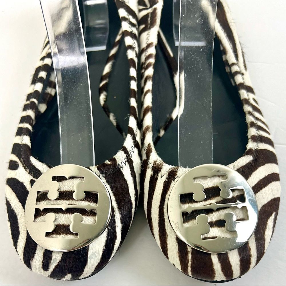 Tory Burch Zebra Print Ballet Flats with Silver Logo - Picture 2 of 11